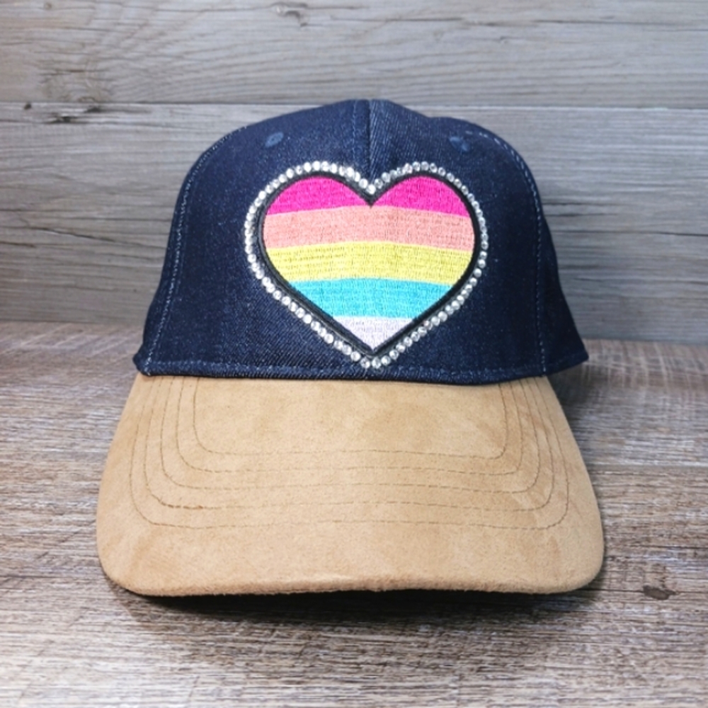 Rainbow Heart Baseball Cap Blue Denim Faux Leather Adjustable Bejeweled Hat